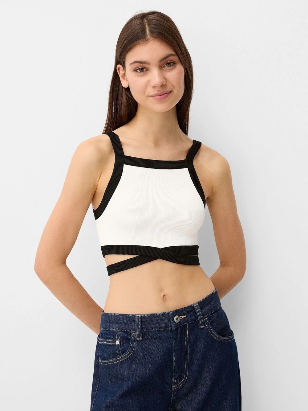 BERSHKA | contrast-strap cut-out crop top US SMALL